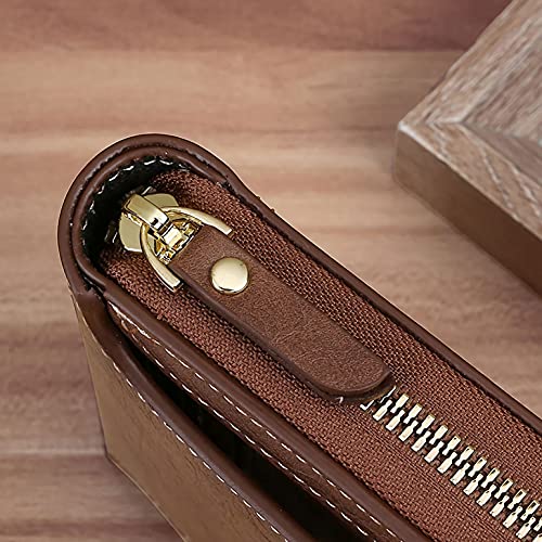 PUSLA Bifold Multifunctional Men's Wallet with ID Window Zipper Coin Pouch, Holiday Gift Travel Wallet (Brown)2