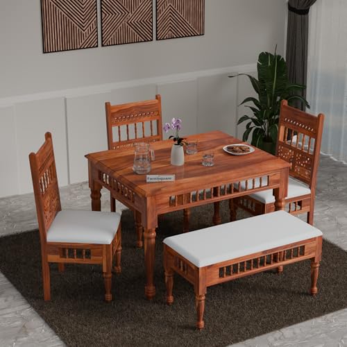 Image of Dining Table 4 Seater | Solid Sheesham Wood Four Seater Dinning Table Set with 3 Cushion Chairs & 1 Bench | Rectangular Dinner Table for Home, Kitchen & Living Room | Natural Finish