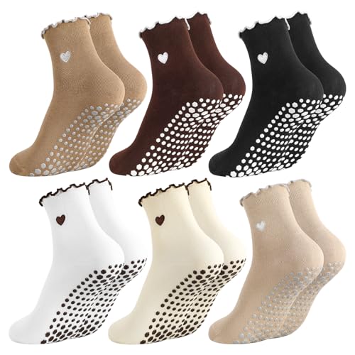 scenicamp 6 Pairs Cute Pilates Socks for Women Ruffle Cuff Grips Yoga Heart Non-Slip Ballet Socks Athletic Crew Sock Mixed Brown
