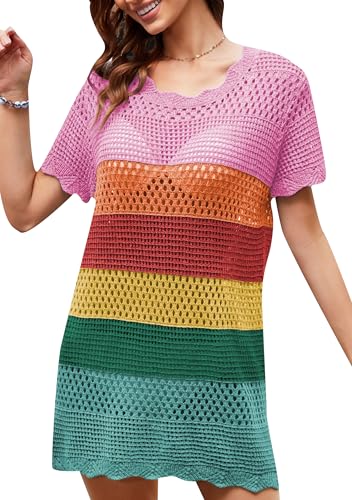 YMING Femmes Mode Cool Évider Dentelle Cou Jupe Courte Dentelle Ourlet Plage Plage Tricot Jupe Courte Le Rainbow M