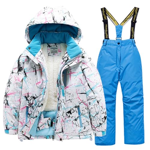 Ensemble de ski enfant 3-12 ans avec veste capuche et pantalon à bretelles bleu