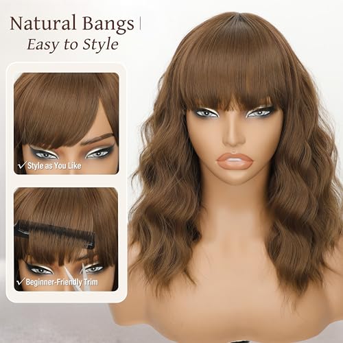 Image of Nnzes Wig Bangs Light Brown Short Wavy Hair for Women Natural Looking Heat Resistant Bob Wigs with Synthetic Wig for Daily Party Use