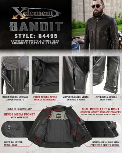 Xelement B4495 Men's Black 'Bandit' Buffalo Leather Cruiser Motorcycle Jacket with X-Armor Protection - 5X-Large