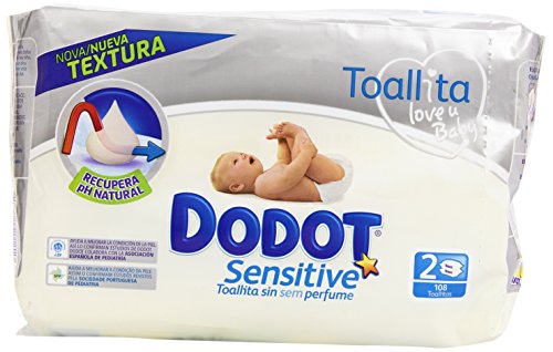 Dodot - Toallitas para piel sensible, sin perfume - 2 paquetes 108 toallitas - Pack de 6 (Total 648 toallitas)