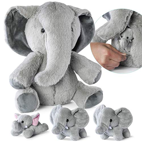 Prextex Plush Elephant Toys - Elephant Stuffed Animal with 3 Elephant Baby Stuffed Animals - Elephant Zipper 3 Little Plush Baby Elephant - Toys for Kids 3+ Years - Thoughtful Gift for Elephant Lovers
