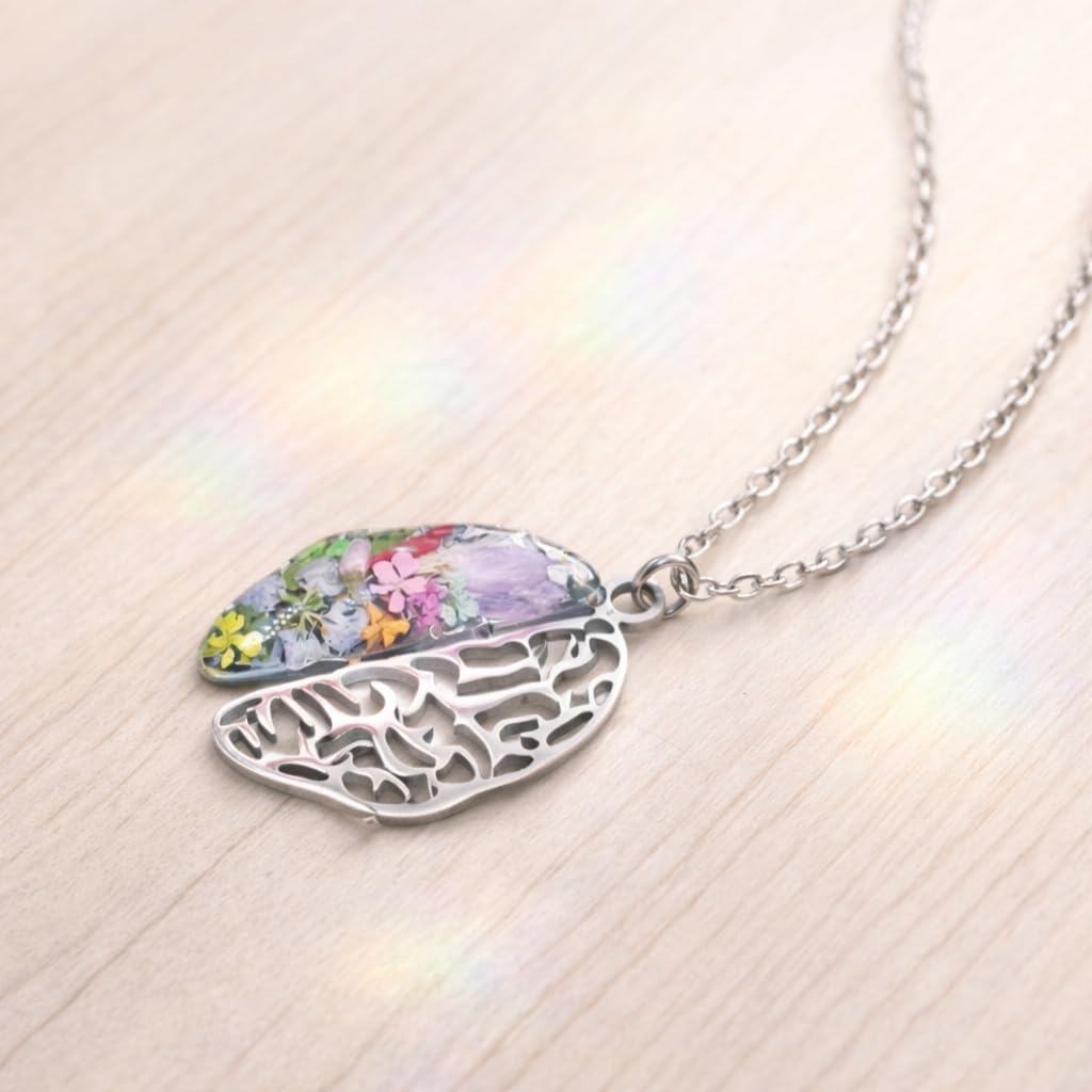 Generico BeFloral Collana Donna Acciaio Inossidabile Argento, Ciondolo Cervello con Fiori Veri in Resina (Botanico + Traforato), Idea Regalo Psicologa/Medico/Laurea