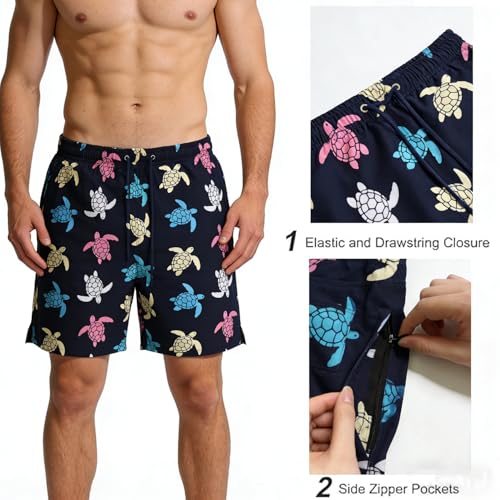 Image of Men's Swim Trunks with Compression Liner, Quick Dry Hawaiian Swimwear Bathing Suit Drawstring Board Shorts
