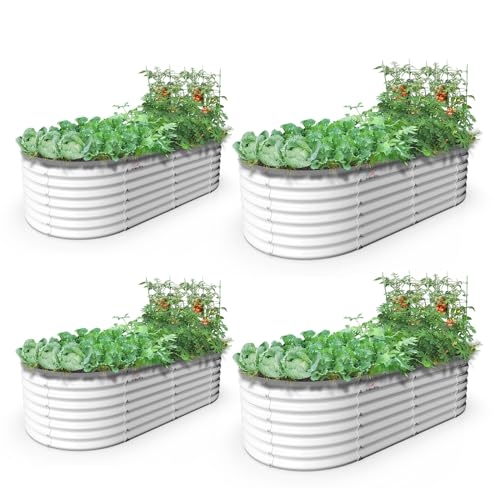 A ANLEOLIFE 6X3X2 ft Galvanized Raised Garden Beds Outdoor 4 Pack Oval Large Metal Deep Root Planter Box for Planting Vegetables Flowers Herb Anti Rust Easy Setup Antique White