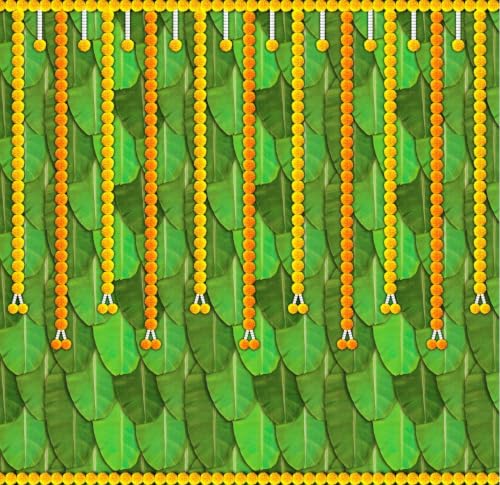 Image of Banana Leaf Design Back Decoration Pooja Cloth | Traditional Banana Leaf Background with Orange & Yellow Banthi Puvvu Marigold Garlands Toran Backdrop | varalakshmi Pooja Backdrop Decoration 5x5 feet