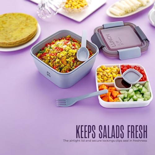 Image of 5 Compartment Plastic Lunch Box with Spoon & Fork | Leak Proof Lock Mechanism | Microwave Dishwasher & Freezer Safe Lunch Box for Kids & Adults School Office Use
