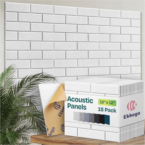 Image of Acoustic Wall Panels 18-Pack, 12 inchx12 inchx0.4 inch Decorative Self-Adhesive Sound Proofing | High Density 3D Brick Soundproof Absorbing Tiles for Walls, Home, Office & Studio - White