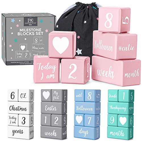 Image of Pink Baby Monthly Milestone Blocks with Bag. Baby Age Blocks for Girl or Boy Baby Photo Props and Baby Shower. Month Baby Milestone Blocks with Grammatically Correct Month and Year