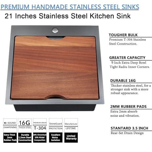 Image of SHACO 21 Inch Black Drop In Kitchen Sink, 21x20 Inch Gunmetal Black Top Mount 16 Gauge Stainless Steel Single Bowl Workstation RV Small Kitchen Outdoor Laundry Wet Prep Sink with Accessories