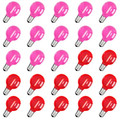 Image of 25 Pack G40 LED Red and Pink Replacement Light Bulbs, Shatterproof G40 LED Globe Lights Bulbs for Outdoor Patio String Lights Valentine's Day Party Christmas Decor, E12 C7 Candelabra Base, 2700K