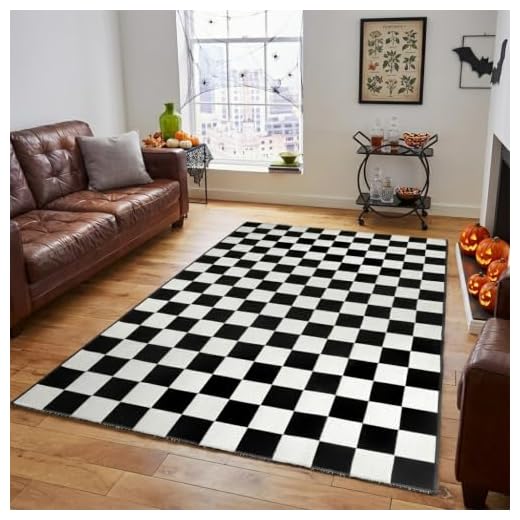 Seavish Checkered Rug, 5x6.5 Ft Black and White Outdoor Rug Moroccan Checkerboard Mat Washable Runner Rug Cotton Woven for Hallway Front Door Bedroom Entryway Kitchen Floor Reversible Area Rugs