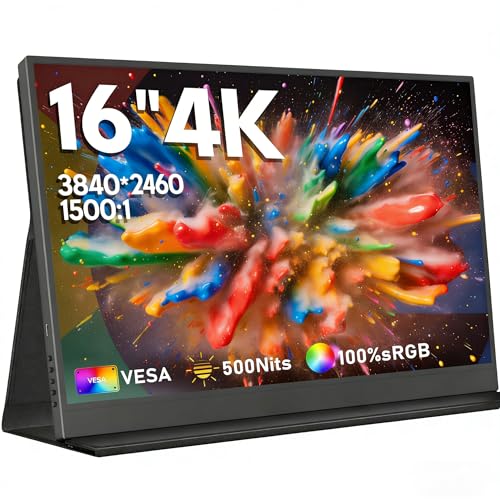 Monitor portátil 4K, 16" 3840x2400 IPS Laptop Screen, 1500: 1, 400 Nits Screen USB C HDMI Computer Gaming Display com alto-falantes e tampa inteligente, Monitor de viagem para PC Phone