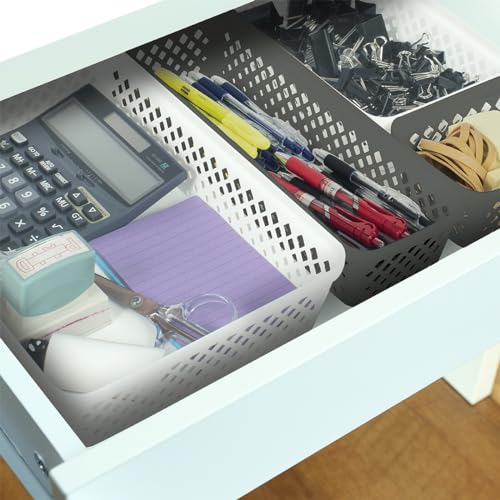 Image of Glad Plastic Storage Basket Set - Multipurpose Drawer Trays, Kitchen Pantry Containers, and Bathroom Bins - 6 Pack Narrow Organizers, White