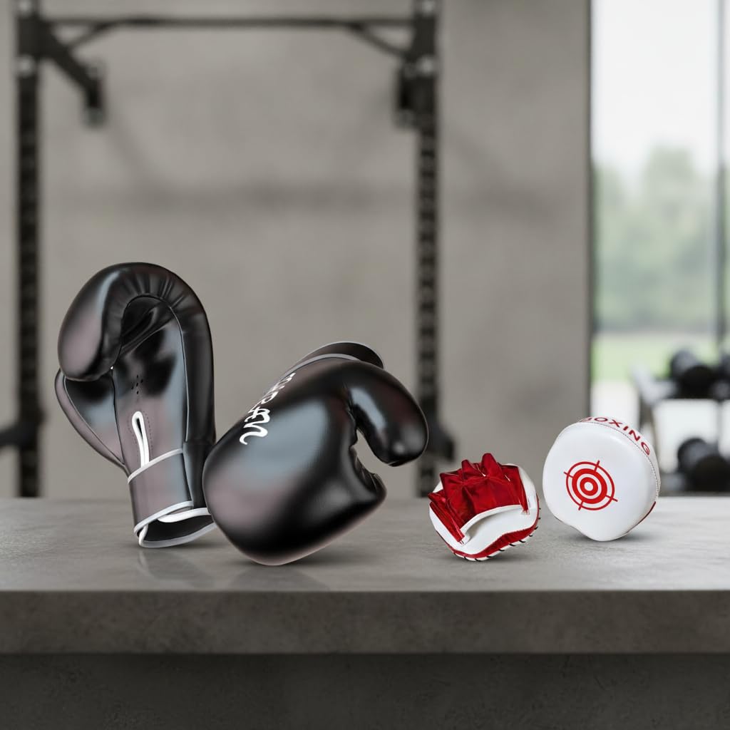Set di Guantoni da E Cuscinetti da Allenamento Realizzati in Robusta Pelle Sintetica con Fori di Ventilazione Traspiranti per Sport da Combattime