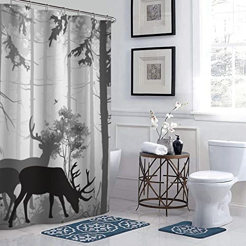 Deer Shower Curtain Silhouette Of Forest Shower Curtain Set For Bathroom With Plastic Hooks 72'' X 72'' #TOP6