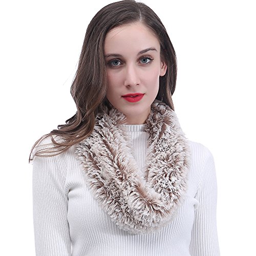 Image of Lina & Lily Super Soft Fluffy Faux Fur Snood Scarf Neck Warmer (White and Brown)