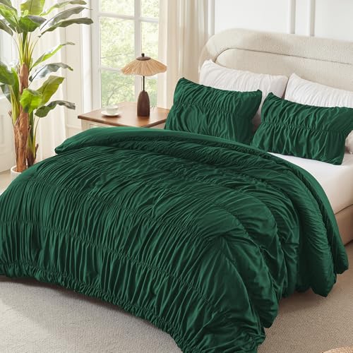 Image of Andency Ruched Dark Emerald Green King Size Comforter Set, Shabby Chic Pleated Bedding Sets 3 Pieces, Lightweight Soft Boho Ruffle Bed Set for Girls, Kids, Women, All Season