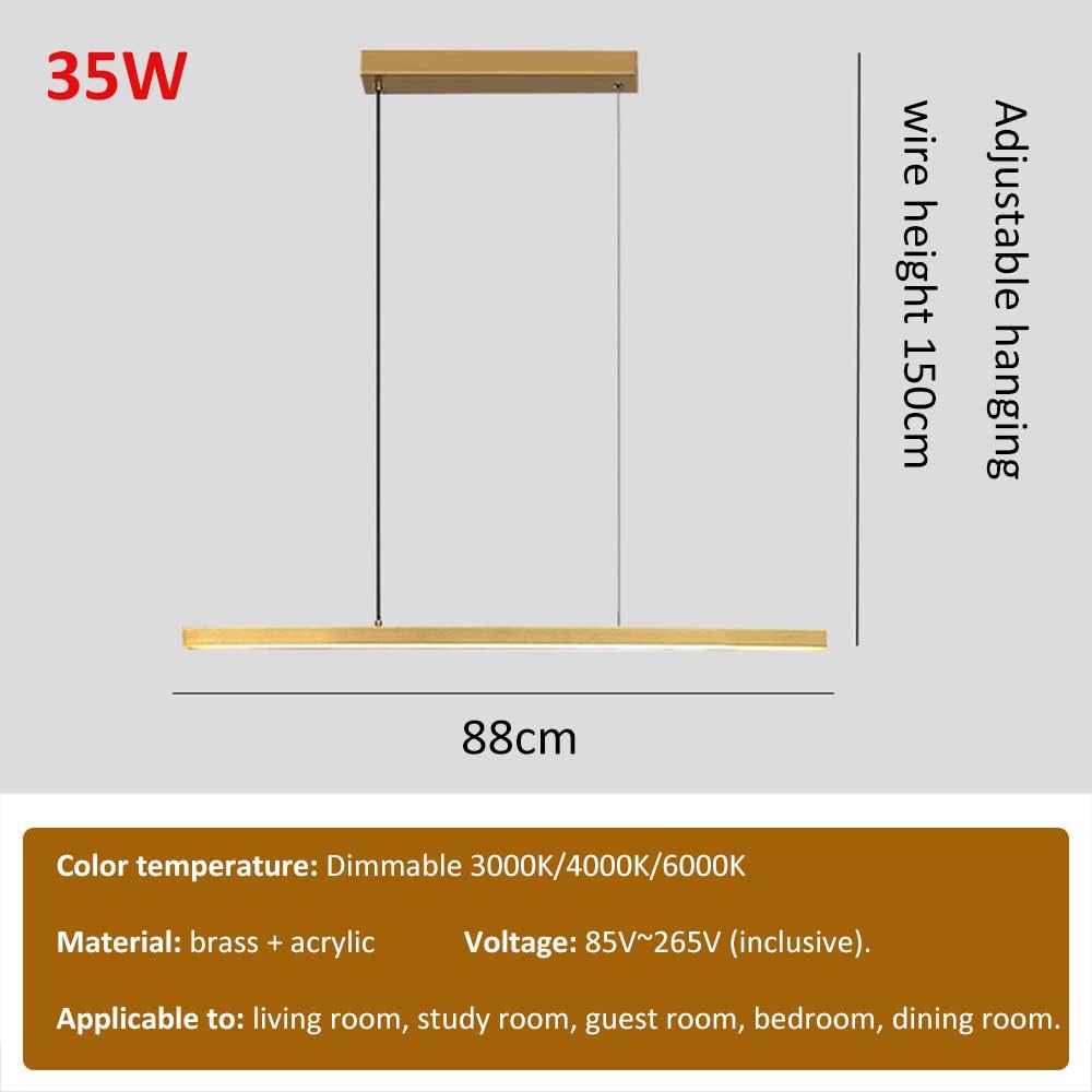 Modern Brass Linear 3-Color Dimmable Chandelier Lighting Fixture for Dining Table LED Gold Pendant Lamp for Sink Ceiling Drop Light for Kitchen Island Lamp 35W/48W