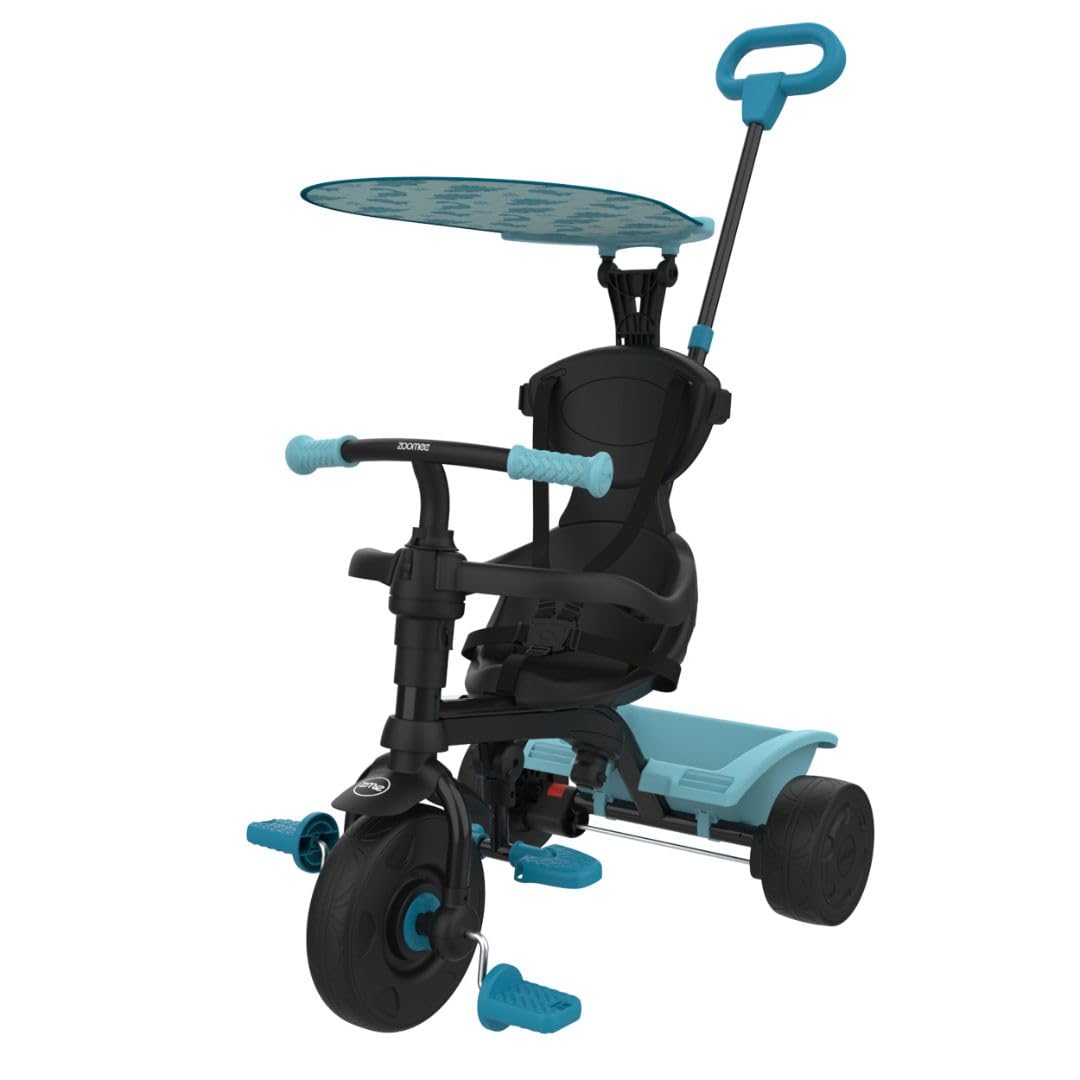 Zoomee 4 in 1 Trike - Dino Discovery, modalità blocco genitori, barra di sicurezza rimovibile, sistema di blocco di sicurezza e ruote resistenti agli urti, parasole UV regolabile, età 10-36 mesi