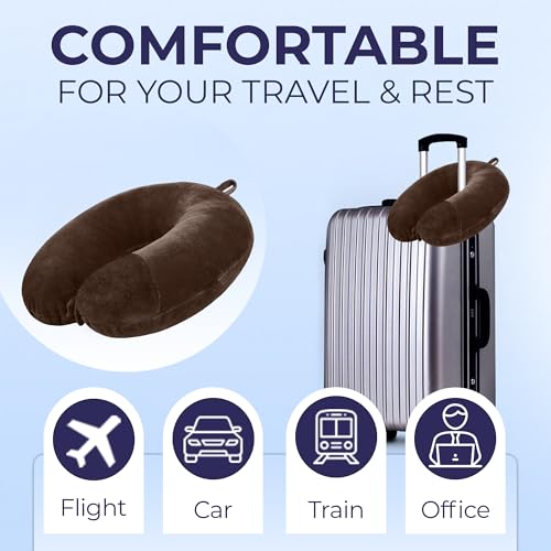 Image of U-SShaped Neck Pillow Soft Fiber Filled Travel Cushion with Snap Button, Comfortable Fabric, Neck Support for Flight, Bus, Car, Neck Pillow for Pain Relief (Brown)