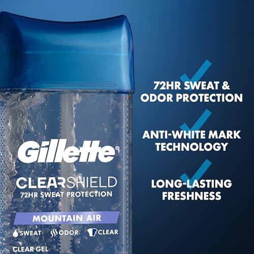 Image of Gillette Antiperspirant and Deodorant for Men, 72hr Sweat & Odor Protection, Long Lasting Freshness, Anti-White Mark Technology, Clear Gel, Mountain Air Scent, 3.8 oz