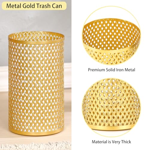 Image of Small Gold Trash Can for Bathroom, Metal Garbage Can for Offices, Decorative Hollow-Out Garbage Can Waste Paper Bin, 7 inch W X 7 inch L X 12 inch H