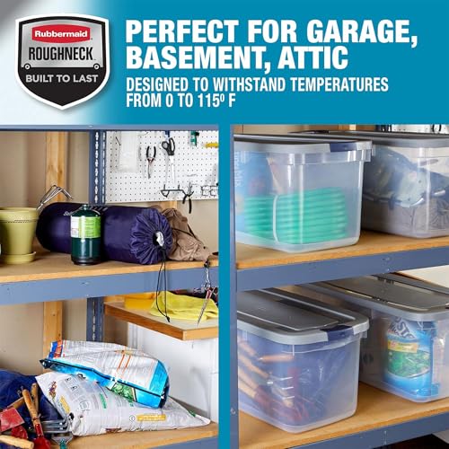 Image of Rubbermaid Roughneck Clear 95 Qt /23.75 Gal Storage Containers, Pack of 4 with Latching Grey Lids, Visible Base, Sturdy and Stackable, Great for Storage and Organization