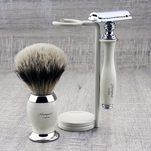 Luxury Men's Shaving Set: Grooming Essential >Top Grade Silver Tip Brush & DE Safety (Blades NOT Included) & Dual Stand
