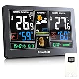 Newentor Weather Station Wireless Indoor Outdoor Thermometer, Color Display Digital Weather Thermometer with Atomic Clock, Barometric Pressure, Forecast Station with Adjustable Backlight, Black