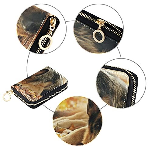 German Shepherd Dog Lies on Autumn Falling Foliage LeavesGrey Credit Card Coin wallet, RFID Blocking Compact Women Leather Card Holder, Key Change Organizer, Zipper Purse Clutch Pouch Pocket3