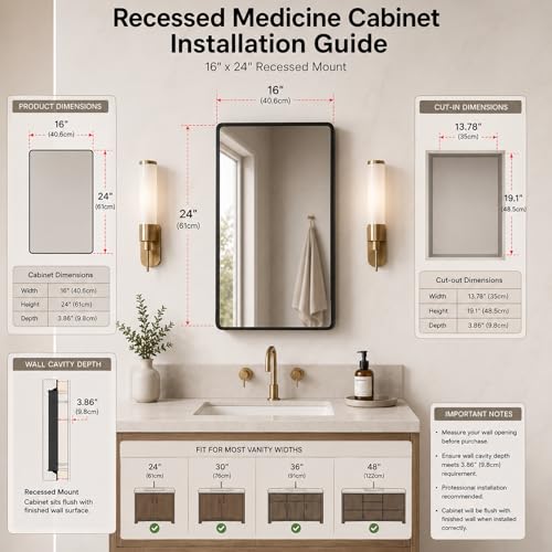 Image of 16x24 Medicine Cabinet with Mirror, Black Metal, Recessed or Surface Mount