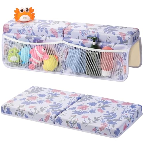 ACGROW Bath Kneeler and Elbow Rest Pad Set - Comfortable 1.5 Thick Baby Bath Kneeler Pads with Toys Organizer Non-Slip Knee Arm Support Bathtub Mat Quick-Drying Kneeling Pad for Baby Bath Time