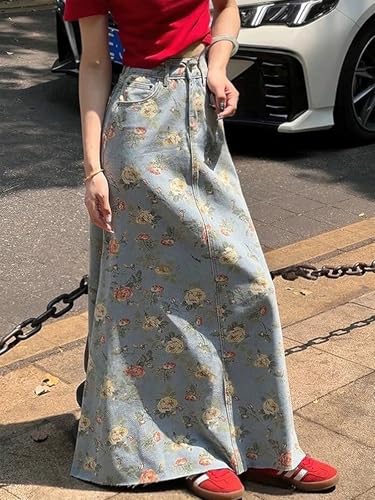 Women's Floral Printed Denim Maxi Skirt Casual High Waist A-Line Frayed Hem Long Jean Skirt3