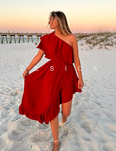 Zesica Women's 2023 Summer Boho One Shoulder Sleeveless Ruffle Asymmetrical High Low Flowy Prom Gown Wedding Long Dress,Red,Medium #TOP5