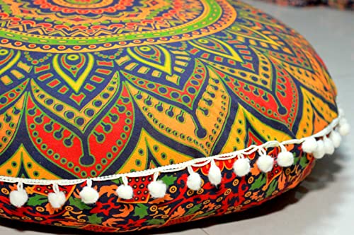 Round Mandala Floor Pillow Cover Seating Cushion Throw Case Hippie Decorative Bohemian Ottoman Pouf Cover, Pom Pom Pillow Cases,Boho Indian 22 Inches (New Blue) - Cosy Home Interiors Round Mandala Floor Pillow Cover Seating Cushion Throw Case Hippie Decorative Bohemian Ottoman Pouf Cover, Pom Pom Pillow Cases,Boho Indian 22 Inches (New Blue) - Image 7