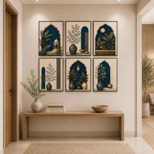 Image of Artsense Mughal Botanical Wall Art Set of 6 | Royal Peacock Arch Floral Decorative Paintings | Traditional Indian Palace Aesthetic Wall Decor for Living Room Bedroom Office