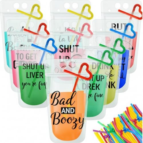 Patelai 36 Sets Drink Pouches with Straws Drink Pouches for Adults Reusable Smoothie Juice Bags Reclosable Juice Bags for Adults Summer Beach Party Supplies (black, 9 Styles)