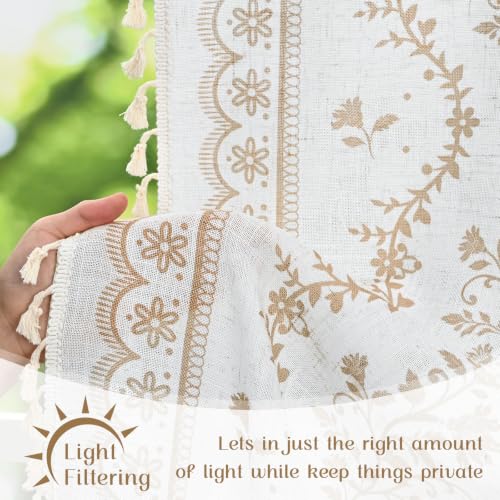 Image of Yinhua Boho Swag Valance Curtains Vintage Linen Valances for Windows Light Filtering Floral Kitchen Valance Rod Pocket Rustic Tassel Window Valances for Bathroom Cafe, 60 inch W x 36 inch L, White Beige