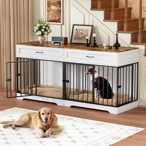 Hundekäfig für Zuhause, Hundebox Indoor für 2 Hunde Extra groß Hundekäfig Möbel XXL Stabile Hundehütte mit Trennwand & 2 Schubladen Moderne Hundehaus Indoor 4 Türen für große Hunde, Bis zu 100KG
