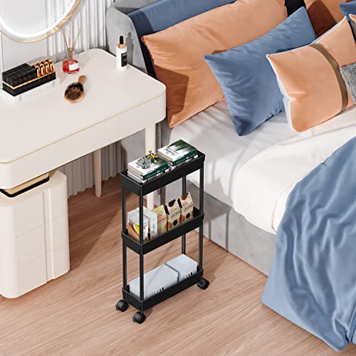 Sooyee 3 Tier Rolling Cart With Wheels,Slim Storage Cart,Narrow Storage Cabinet,Under Desk Storage,Rolling Utility Cart Storage Organizer For Office Bathroom Kitchen Laundry Room Narrow Places, Black #TOP2