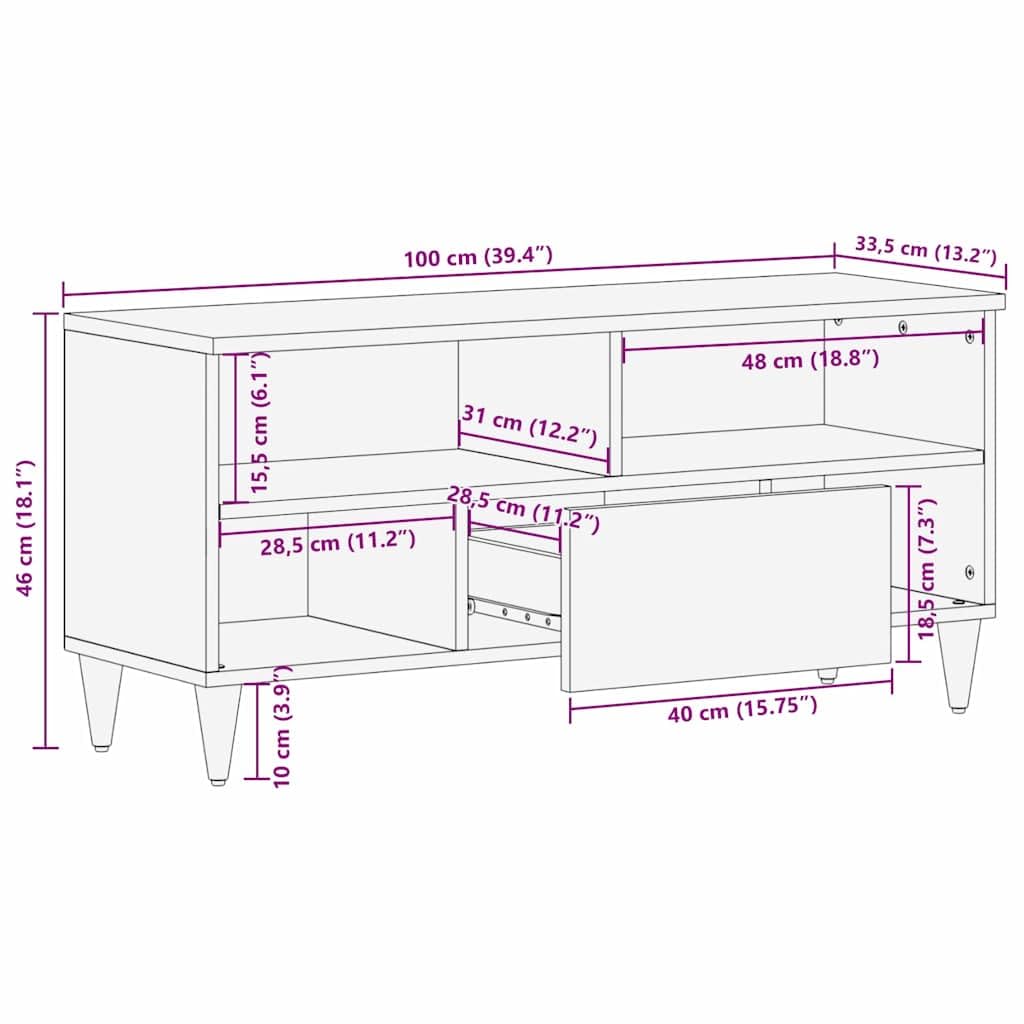 Mobile TV con mensola in legno di mango massiccio, marrone, 100 x 33,5 x 46 cm, con cassetto e vano portaoggetti, per soggiorno, console multimediale e rack HiFi