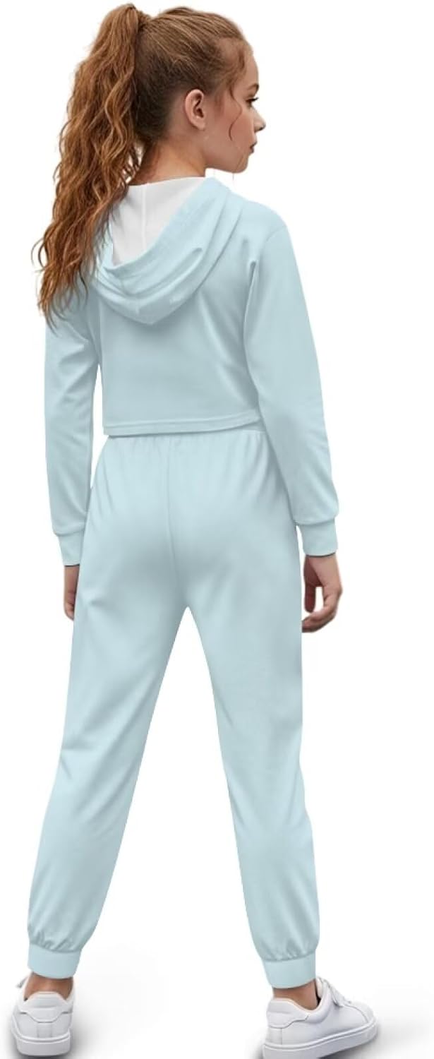 Girls Tracksuit 2 Pcs Hoodies Long Sleeve Sweatshirt & Sweatpants with Pockets Short Tops Sweatsuit 4-13 Years