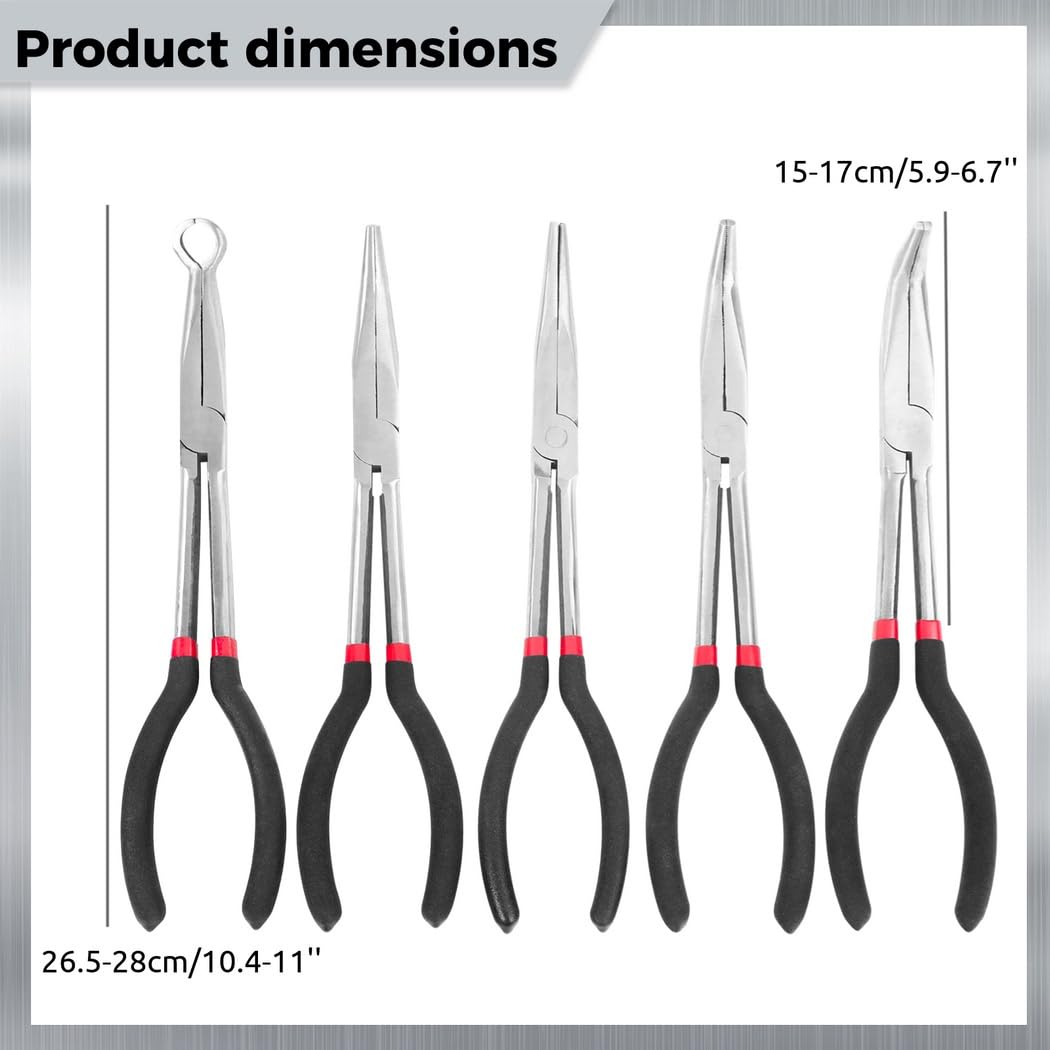 Set di 5 pinze a becco lungo, 28,9 cm, con angoli dritti, 25, 45, 90 gradi, pinze tipo O, con custodia