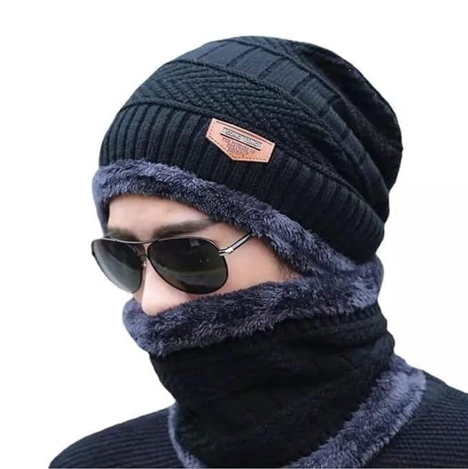 Navy Blue Men and Women Winter Woolen Thick Knitted Stretchable Soft Fleece Fur Lined Multipurpose Hat Neck Muffler/neckwarmer Double Layer Weave Circle Collar Scarf/scarves Windproof for Cold Weather-image-32