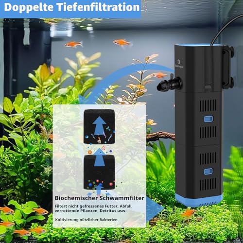 fishkeeper Aquarium Filter, Adjustable 500L/H Aquarium innenfilter für 30L-120L Aquarien, 4-in-1 Aquarium Pumpe mit Filter, Sauerstoff, Wavemaker, Filterschwamm (6W(500L/H,≤120L))