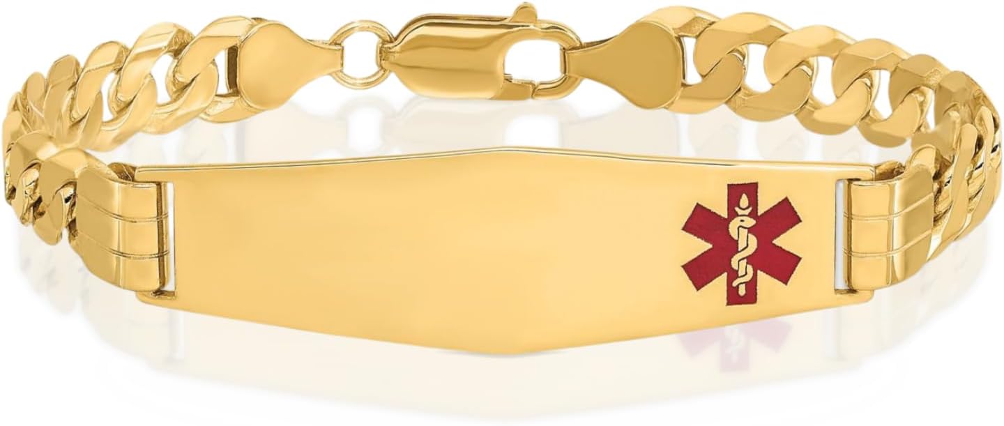 IceCarats 14K Solid Yellow Gold 6.8mm Thick Curb Chain Link Medical Alert ID Bracelet Polished, Engravable